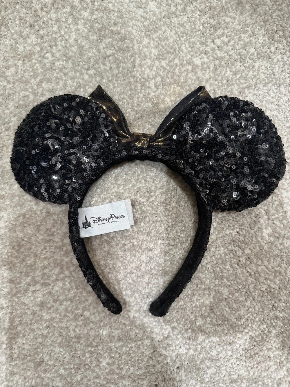 Disney Black Sequin Minnie Ears Headband with Gold Leopard Bow